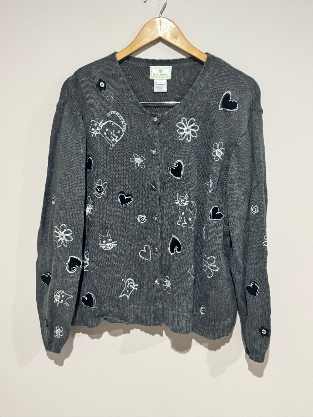 Vintage 90s Susan Bristol Cat Embroidered Button Up Knit Cardigan Sweater XLGrey
